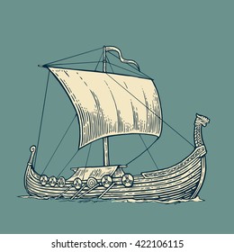 Drakkar viking floating on the sea waves.  Hand drawn design element sailing ship. Vintage vector engraving illustration for poster, label, postmark. Isolated on blue background