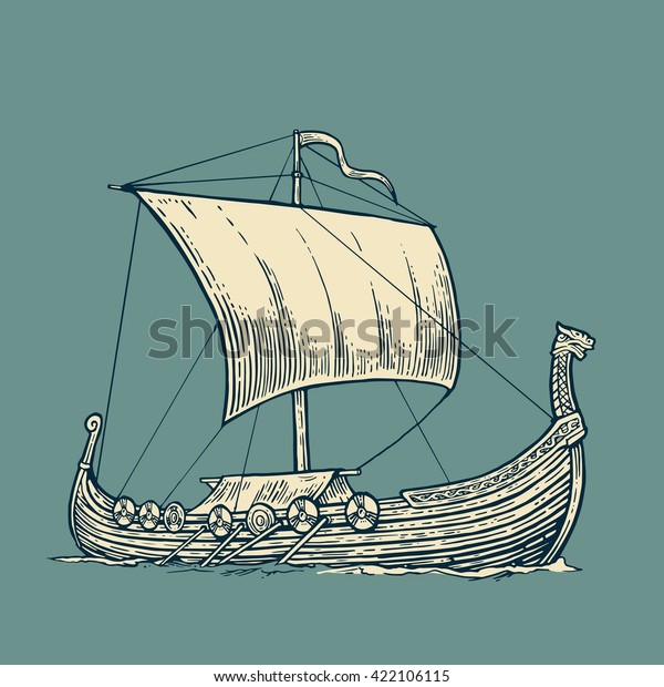 Drakkar Viking Floating On Sea Waves Stock Vector Royalty Free