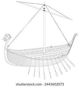 Drakkar. Viking rowing Ship in line art. Norman ship sailing. Vector illustration isolated on white background.