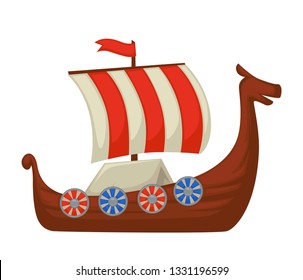 Drakkar Viking ship or boat with shields on board and striped sail with flag on top vector isolated wooden water transport ancient construction Scandinavian history antique vessel or warship