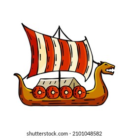 Drakkar Viking ship. Medieval military boat with sails and shields.