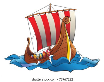 Drakkar (vikings battle longship) in the ocean waves with row of shields and striped sail, vector illustration