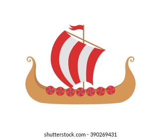 Drakkar - Viking's Ship in Nordic Sea. Wooden Knarre - Warships of Scandinavian Ancient Warriors. Vector Illustration isolated on white background.