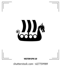 Drakkar - Viking's Ship in Nordic Sea. Wooden Knarre - Warships of Scandinavian Ancient Warriors. Vector Illustration isolated on white background.