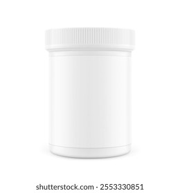 Dram pill bottle with lid mockup for drugs, probiotics, vitamins, supplements isolated on white background. Vector illustration. Mockup is ideal for health projects. EPS10.