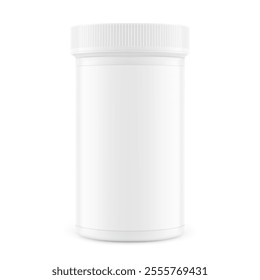 Dram pill bottle with lid mockup for drugs, probiotics, vitamins, supplements isolated on white background. Vector illustration. Mockup is ideal for health projects. EPS10.	