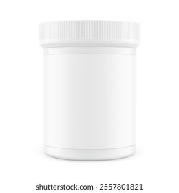 Dram pill bottle with lid mockup for drugs, probiotics, vitamins, supplements isolated on white background. Vector illustration. Mockup is ideal for health projects. EPS10.	