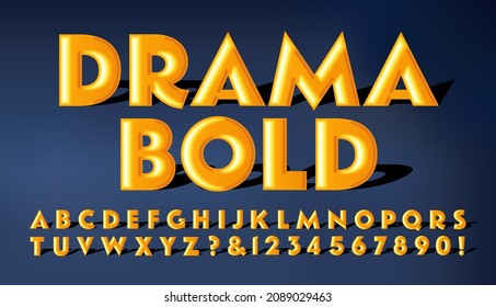 Drama Bold is a dramatically lit alphabet with 3d effects and cast shadows in an eye-catching yellow on blue color scheme.