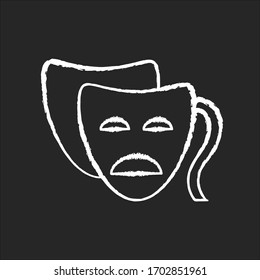 Drama chalk white icon on black background. Serious film and TV production. Common movie genre, classic theater. Popular cinematography category. Tragedy mask isolated vector chalkboard illustration