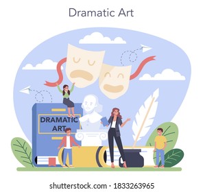 Drama class concept. Children creative subject, school play. Kid studying acting performance on stage, dramatic and cinematography art. Vector illustration in cartoon style