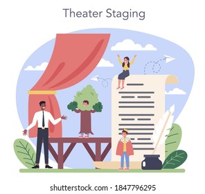 Drama Class Concept. Children Creative Subject, School Play. Kid Studying Acting Performance On Stage, Dramatic And Cinematography Art. Vector Illustration In Cartoon Style