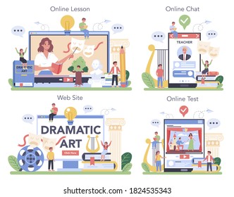 Drama class online service or platform set. Children creative subject, school play. Online lesson, chat with professor, website, test. Vector illustration in cartoon style