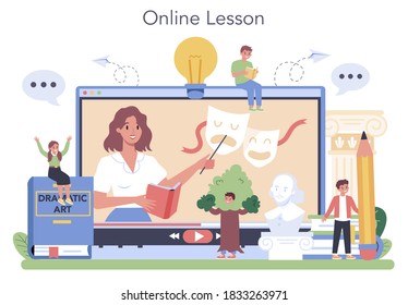 Drama Class Online Service Or Platform. Children Creative Subject, School Play. Online Lesson. Vector Illustration In Cartoon Style