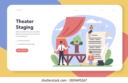 Drama class web banner or landing page. Children creative subject, school play. Kid studying acting performance on stage, dramatic and cinematography art. Vector illustration in cartoon style