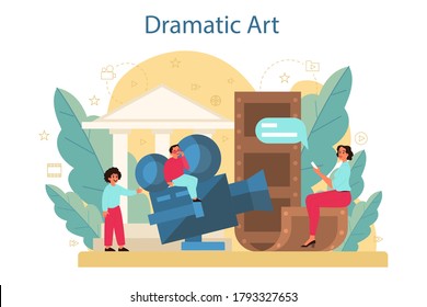 Drama club concept. Children creative subject, school play. Kid studying acting performance on stage and drama art. Vector illustration in cartoon style