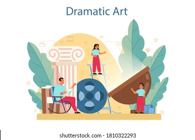 Drama Club Concept. Children Creative Subject, School Play. Kid Studying Acting Performance On Stage And Drama Art. Vector Illustration In Cartoon Style