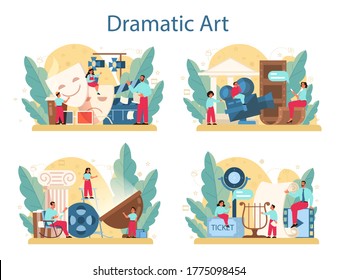 Drama Club Concept Set. Children Creative Subject, School Play. Kid Studying Acting Performance On Stage And Drama Art. Vector Illustration In Cartoon Style