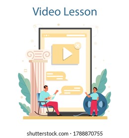 Drama club online service or platform. Children creative subject, school play. Kid studying drama art. Video lesson. Vector illustration in cartoon style
