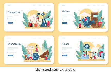 Drama club web banner or landing page set. Children creative subject, school play. Kid studying acting performance on stage and drama art. Vector illustration in cartoon style