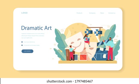 Drama club web banner or landing page. Children creative subject, school play. Kid studying acting performance on stage and drama art. Vector illustration in cartoon style