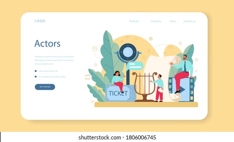 Drama club web banner or landing page. Children creative subject, school play. Kid studying acting performance on stage and drama art. Vector illustration in cartoon style