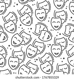 Drama and comedy theatrical genres seamless pattern. Happy and sad face, colorless line masks. Pantomime performance disguise, acting costume part. Symbol of cinematography vector in flat style