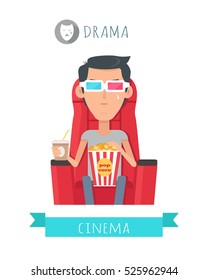 Drama film concept. Crying moved man seating on comfortable chair with drink and popcorn in cinema isolated flat vector. Cinemaddict on film premiere. Entertainment on 3D attraction. For movie promo