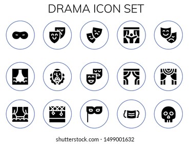 drama icon set. 15 filled drama icons.  Collection Of - Mask, Stage, Theater, Cervantes, Theatre, Curtains, Yorick