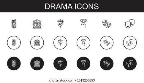 drama icons set. Collection of drama with mask, theater, theatre, comedy. Editable and scalable drama icons.