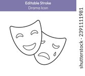 Drama line icon with editable stroke. Comedy and tragedy masks simple vector pictogram. Fine art and culture clipart