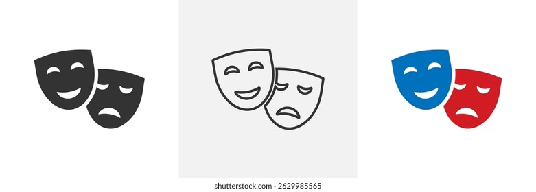 Drama masks in different styles. Theatre masks icons set. Tragedy and comedy masks. Happy and sad masks. Vector