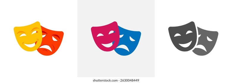 Máscaras de drama em diferentes estilos. Conjunto de ícones de máscaras de teatro. Máscaras de comédia e tragédia. Máscaras felizes e tristes. Vetor