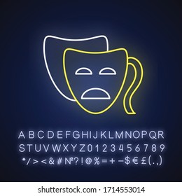 Drama neon light icon. Outer glowing effect. Sign with alphabet, numbers and symbols. Serious movie and TV series genre, classic theater. Tragedy mask vector isolated RGB color illustration