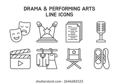 Ícone Drama e Artes Cênicas definido com 8 ícones de linha editáveis. Perfeito para uso em programas de teatro, aulas de teatro, cartazes de artes cênicas, promoção de eventos e materiais educativos criativos.