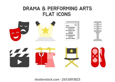 Drama and Performing Arts icon set featuring 8 flat icons. Perfect for use in theater programs, drama classes, performing arts posters, event promotion, and creative education materials.