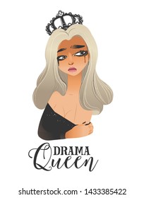 Drama queen - blonde woman in black crown and sparkly dress crying with sad face and mascara tears, isolated hand drawn vector illustration on white background