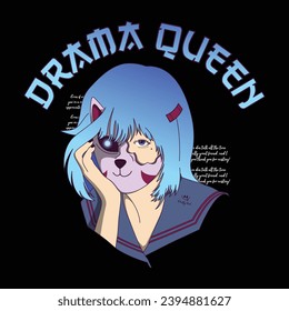 "Drama Queen: Japanese T-shirt design featuring a vector illustration of a female anime face adorned with a kitsune mask and dressed in a school uniform. Ideal for t-shirt printing, posters, stickers.