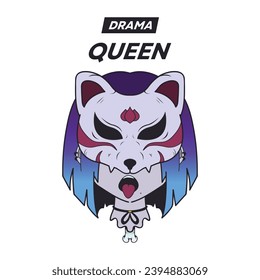 Drama Queen: Japanese T-shirt design featuring a vector illustration of a female anime face adorned with a kitsune mask and a gradient of hair colors. Ideal for t-shirt printing, posters, stickers.