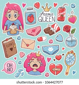 Drama Queen. Set of vector icons, stickers. Girl crying, broken heart, chocolate, pants, mirror, diary, flower. Cute cartoon style