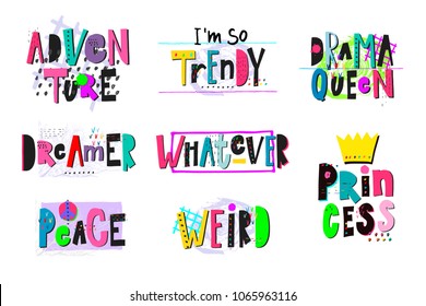 Drama Queen shirt quote collage lettering. Calligraphy inspiration graphic design typography element. Hand written card. Simple vector sign Trendy Adventure Princess crown Dreamer Whatever Peace Weird