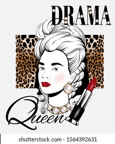 Drama queen. Vector hand drawn illustration of girl in wig with pomade isolated. Creative  artwork with pearls and leopard print. Template for card, poster, banner, print for t-shirt, pin, badge