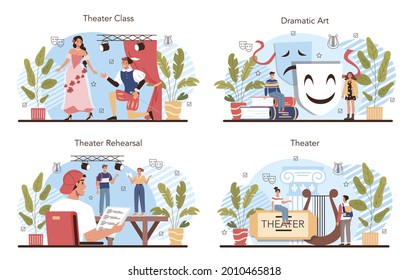 Drama School Class Or Club Set. Students Playing Roles In A School Play. Young Actors Performing On Stage, Dramatic And Cinematography Art. Vector Illustration In Cartoon Style