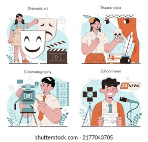 Drama School Class Or Club Set. Students Playing Roles In A School Play. Young Actors Performing On Stage, Dramatic And Cinematography Art. Flat Vector Illustration