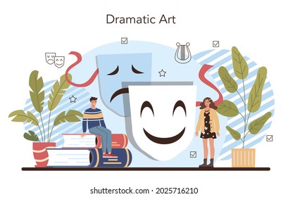 Drama School Class Or Club. Students Playing Roles In A School Play. Young Actors Performing On Stage, Dramatic And Cinematography Art. Vector Illustration In Cartoon Style