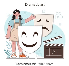 Drama School Class Or Club. Students Playing Roles In A School Play. Young Actors Performing On Stage, Dramatic And Cinematography Art. Flat Vector Illustration