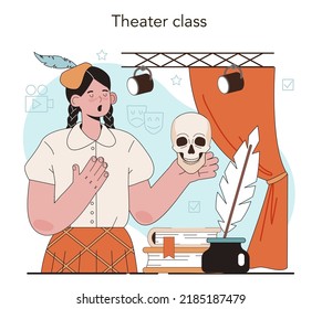 Drama School Class Or Club. Students Playing Roles In A School Play. Young Actors Performing On Stage, Dramatic And Cinematography Art. Flat Vector Illustration