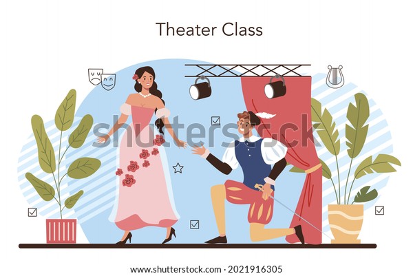 Drama school class\
or club. Students playing roles in a school play. Young actors\
performing on stage, dramatic and cinematography art. Vector\
illustration in cartoon\
style