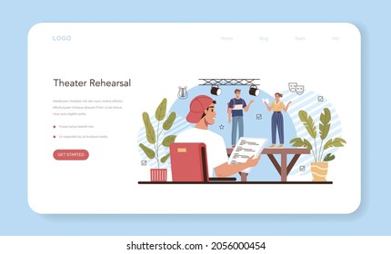 Drama school class or club web banner or landing page. Students playing roles in a school play. Young actors performing on stage, dramatic and cinematography art. Flat vector illustration