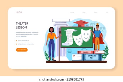 Drama school class or club web banner or landing page. Students playing roles in a school play. Young actors performing on stage, dramatic and cinematography art. Fat vector illustration