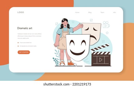 Drama school class or club web banner or landing page. Students playing roles in a school play. Young actors performing on stage, dramatic and cinematography art. Flat vector illustration